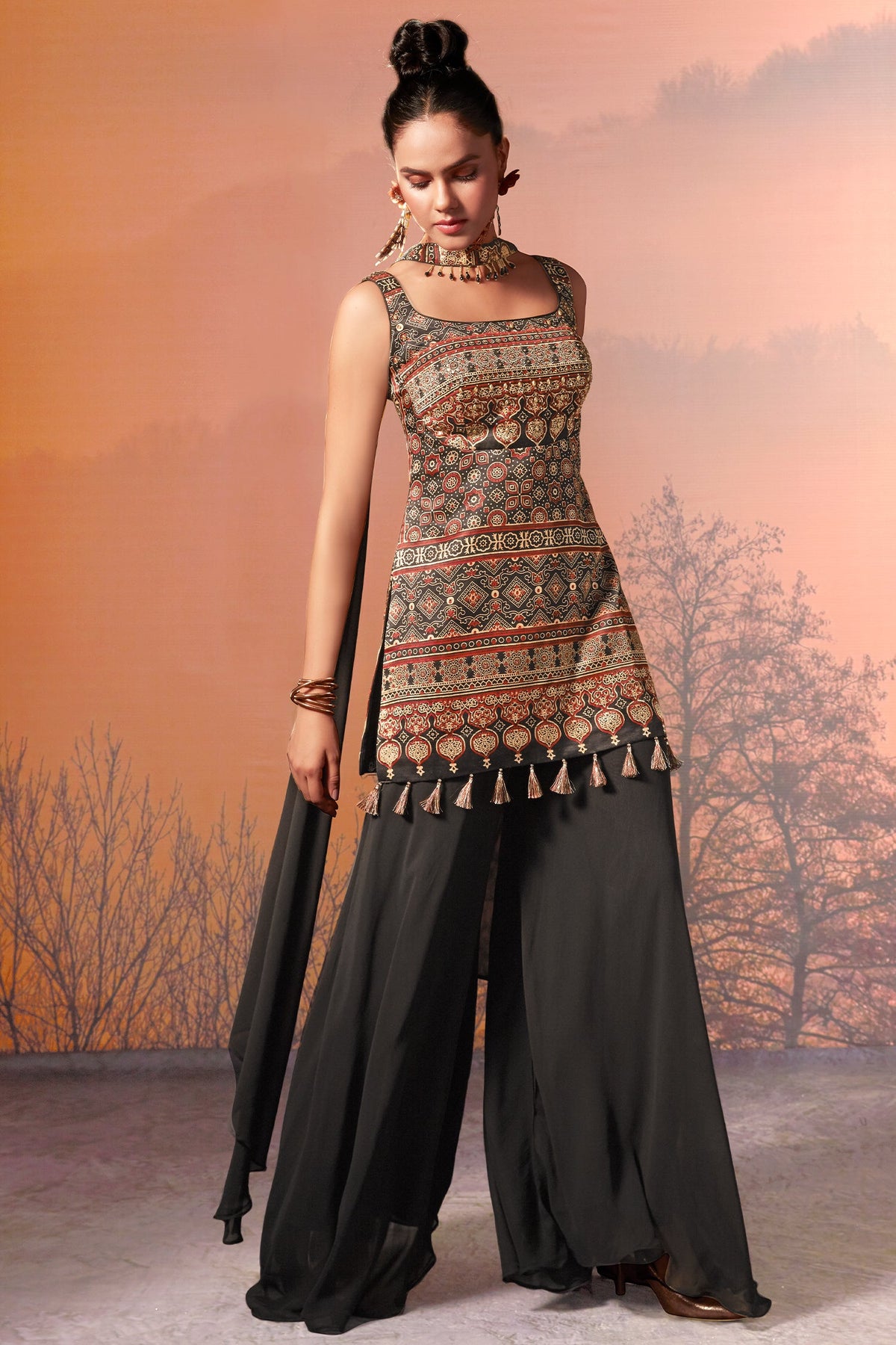 Black Modal Silk Ajrakh Printed Straight Cut Palazzo Suit - black silk saree