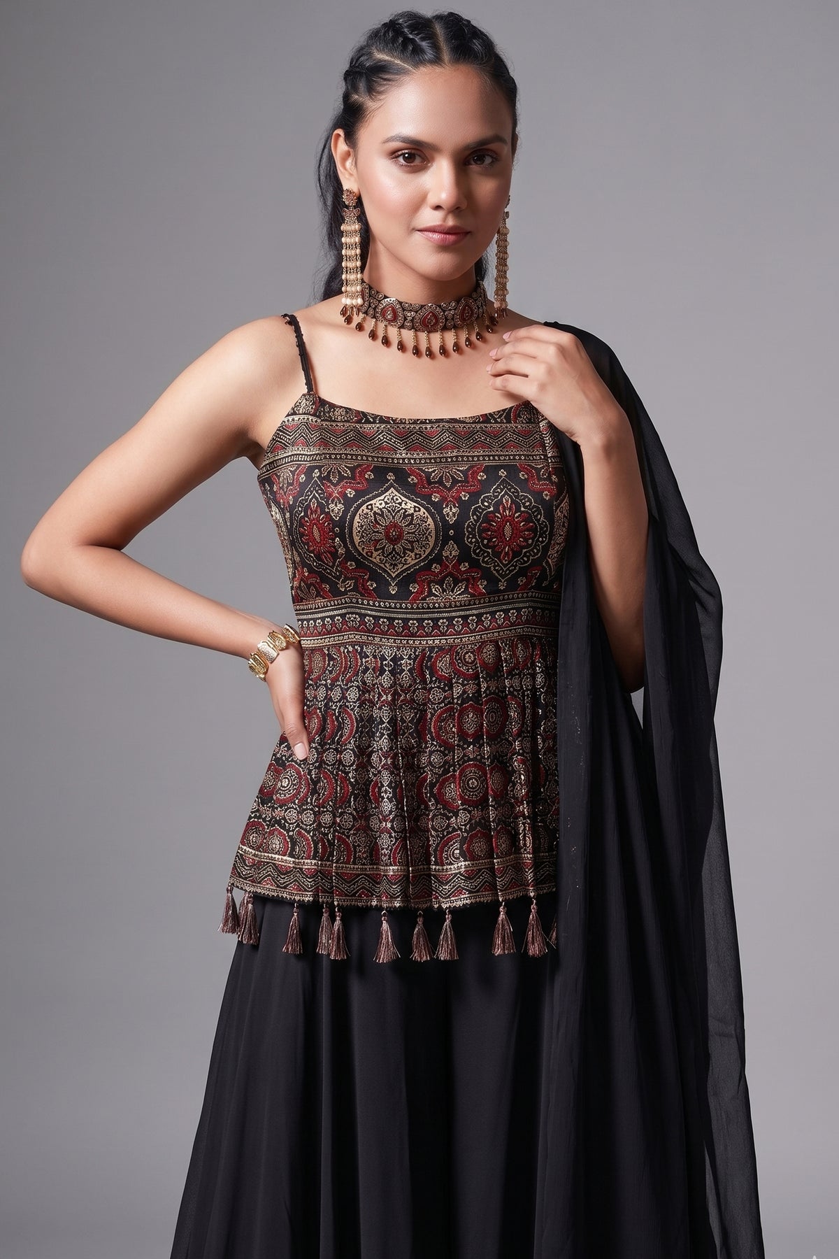 Black Modal Silk Ajrakh Printed Peplum Style Palazzo Suit - plum silk saree