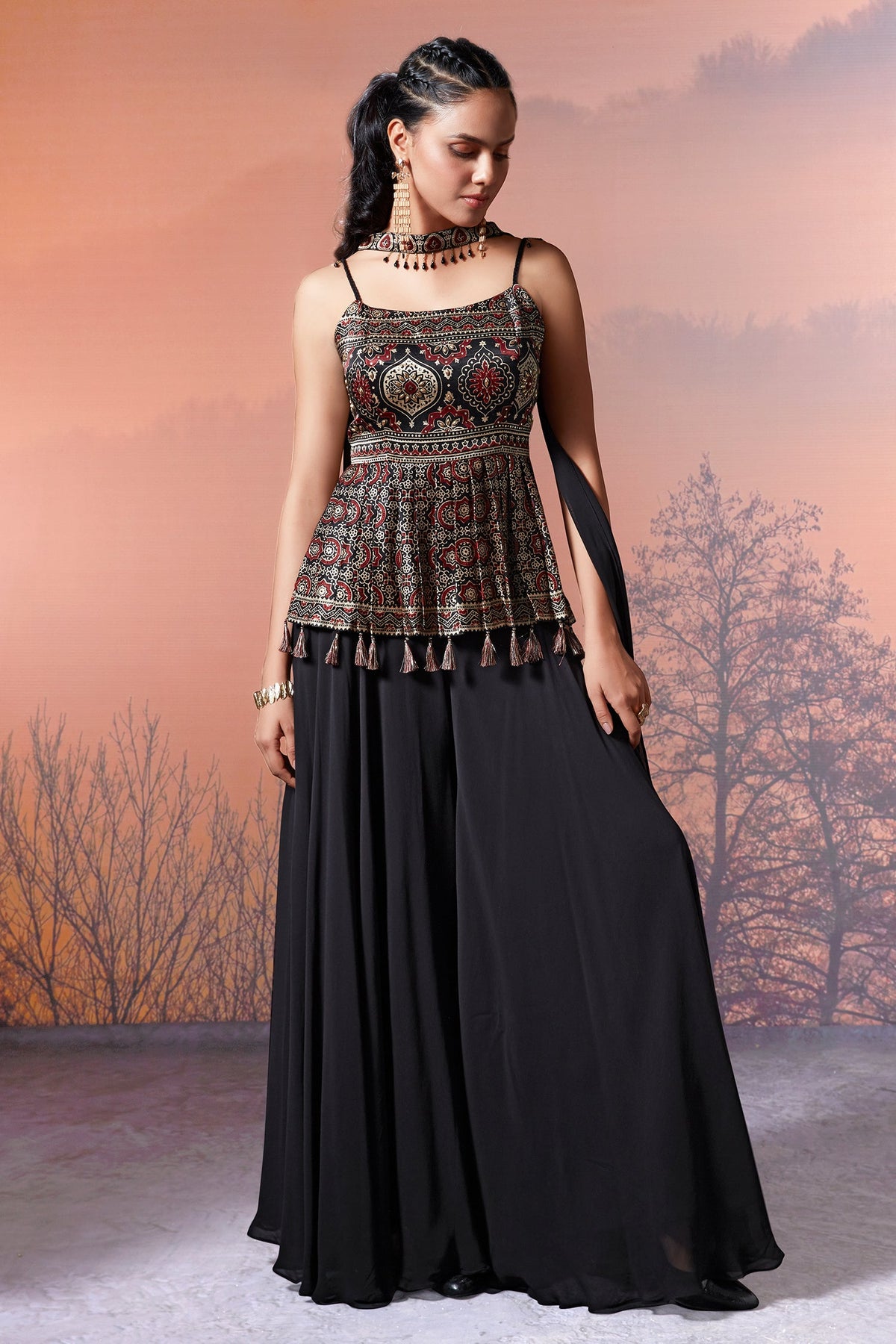 Black Modal Silk Ajrakh Printed Peplum Style Palazzo Suit