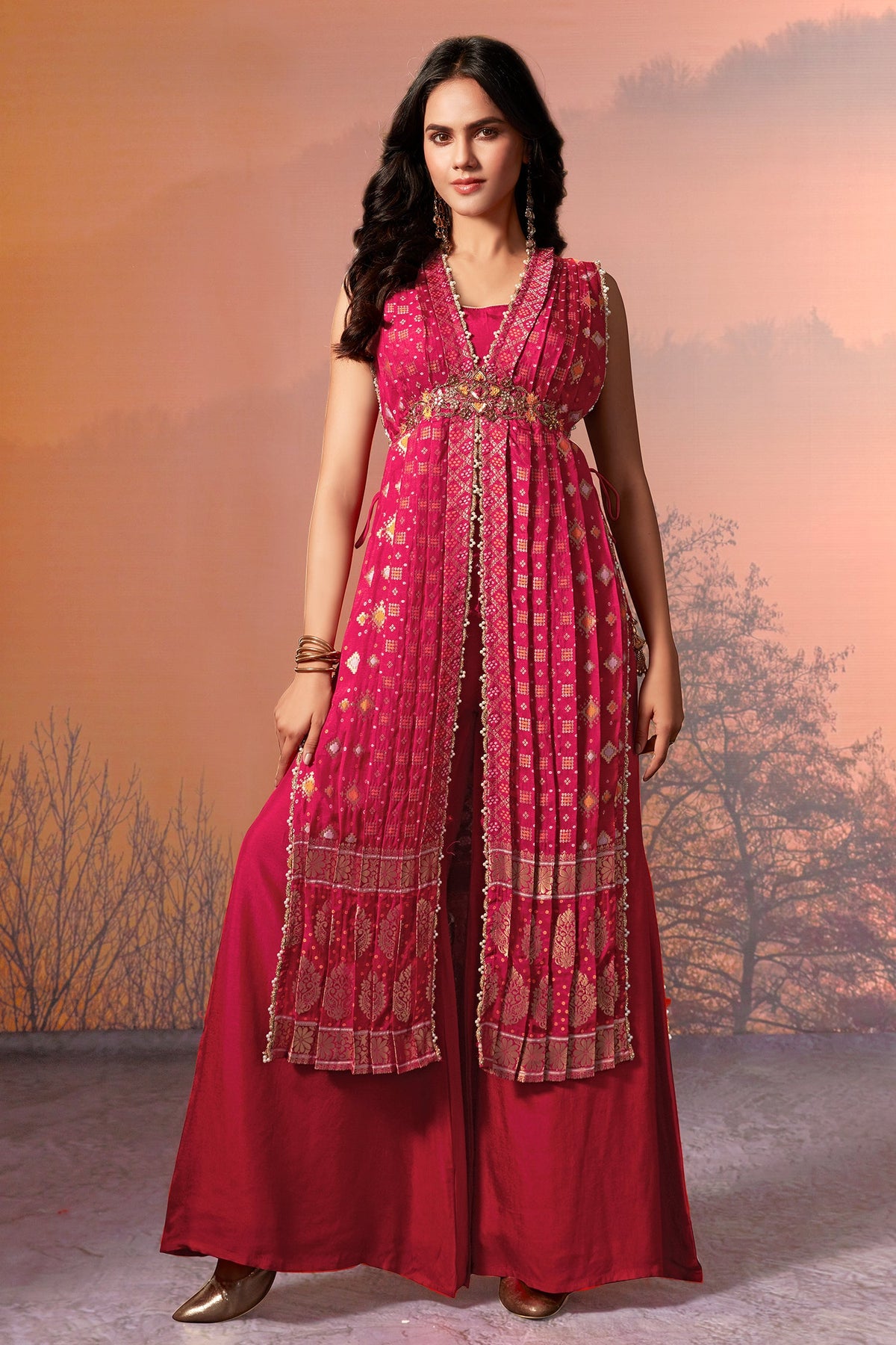 Rani Pink Silk Bandhej Palazzo Set with Bead Work - pink silk saree bandhej