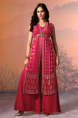 Rani Pink Silk Bandhej Palazzo Set with Bead Work - pink silk saree bandhej