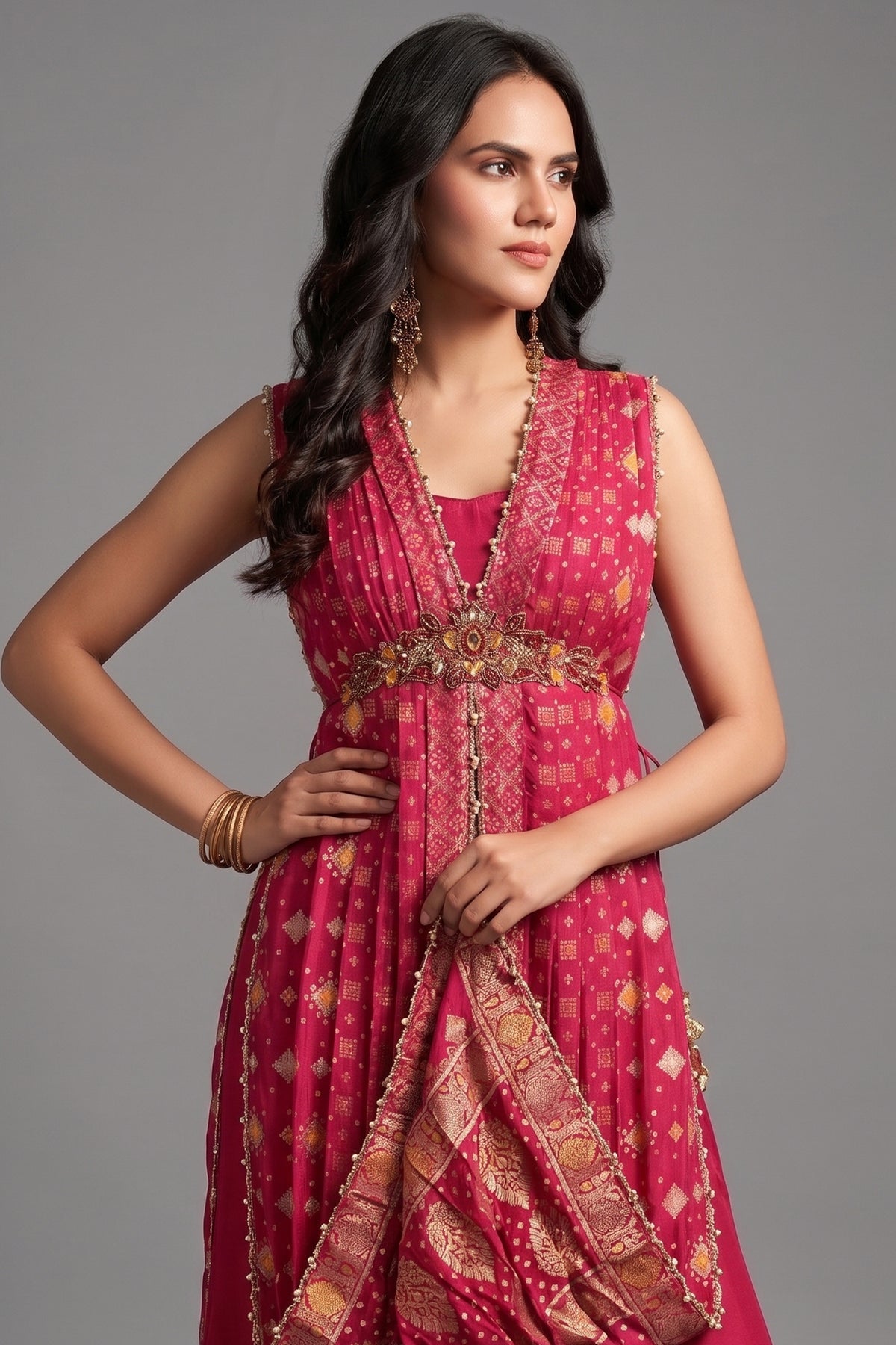 Rani Pink Silk Bandhej Palazzo Set with Bead Work - pink silk saree bandhej