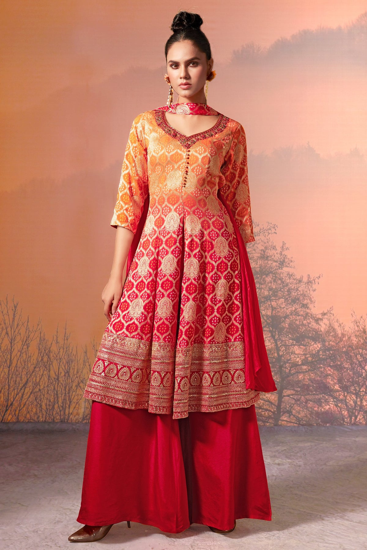 Yellow and Red Georgette Bandhej Woven Palazzo Suit