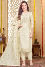 Cream Art Silk Sequins Embroidered Straight Cut Suit - red silk saree embroidered