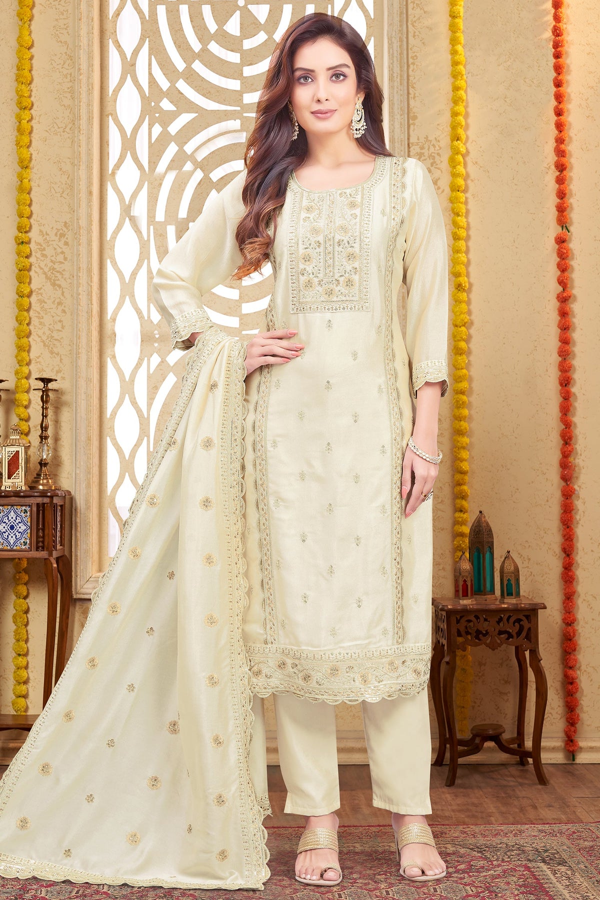 Cream Art Silk Sequins Embroidered Straight Cut Suit