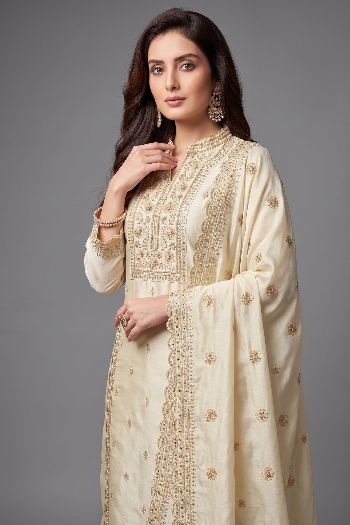 Cream Art Silk Sequins Embroidered Straight Cut Suit - red silk saree embroidered