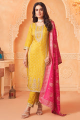 Yellow Chinon Embroidered Straight Cut Suit