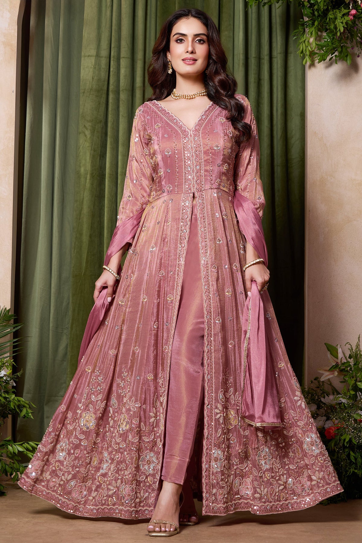 Onion Pink Tissue Chinon Silk Beaded and Cutdana Worked Slit Cut Suit
