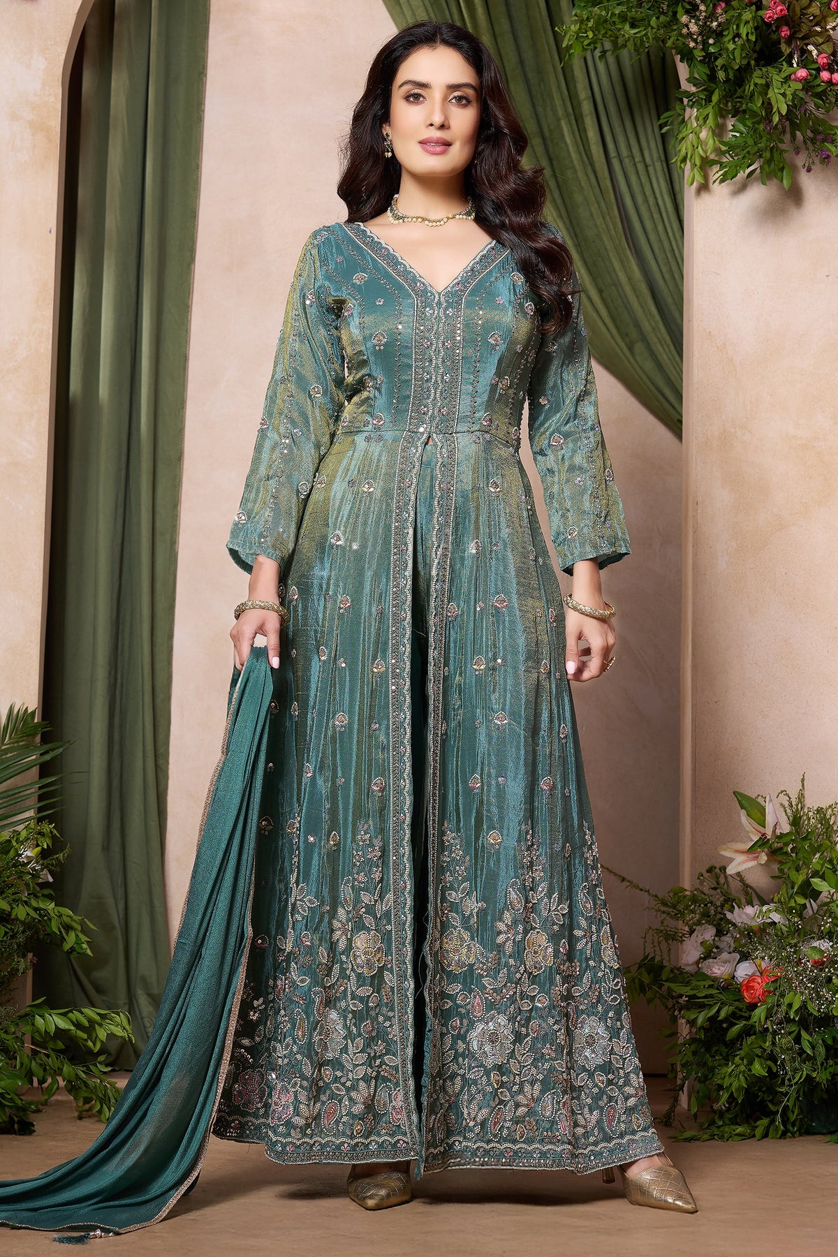 Teal Green Tissue Chinon Silk Beaded and Cutdana Worked Slit Cut Suit