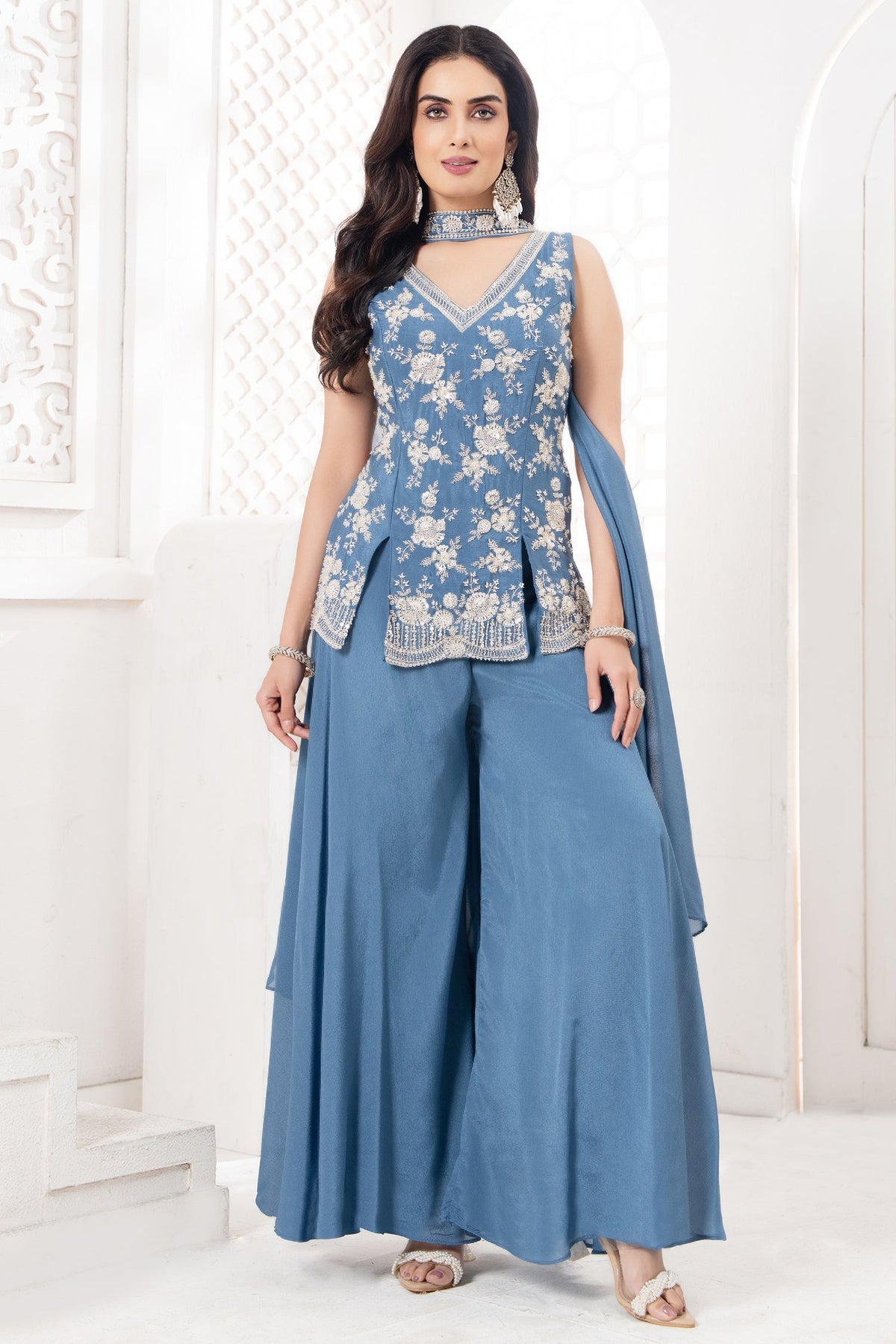 Light Blue Chinon Floral Sequin and Beaded Worked Palazzo Suit