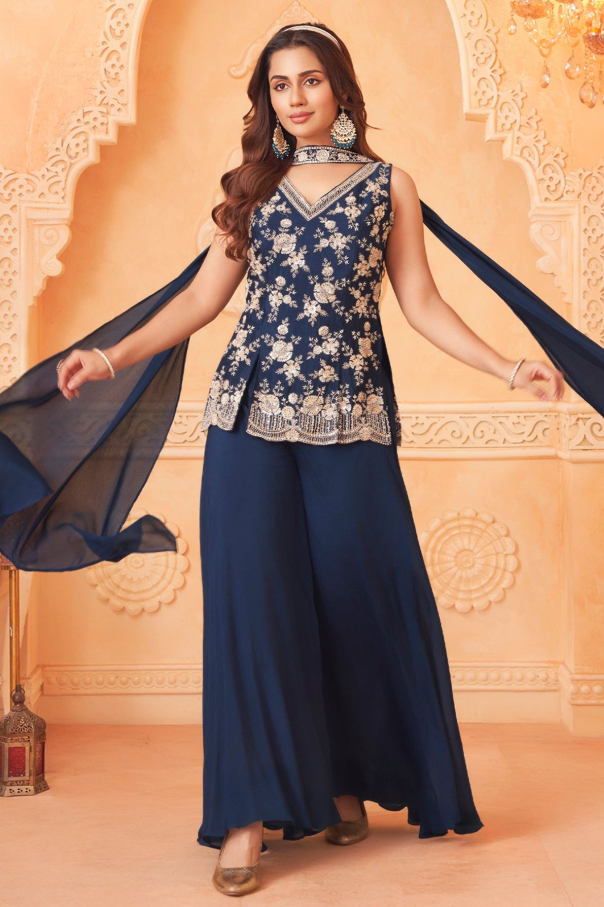 Navy Blue Chinon Floral Sequin and Beaded Worked Palazzo Suit