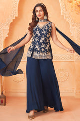 Navy Blue Chinon Floral Sequin and Beaded Worked Palazzo Suit