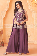 Antique Fuchsia Purple Chinon Floral Sequin and Beaded Worked Palazzo Suit