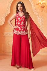 Red Chinon Floral Sequin and Beaded Worked Palazzo Suit