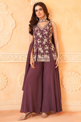 Wine Chinon Floral Sequin and Beaded Worked Palazzo Suit