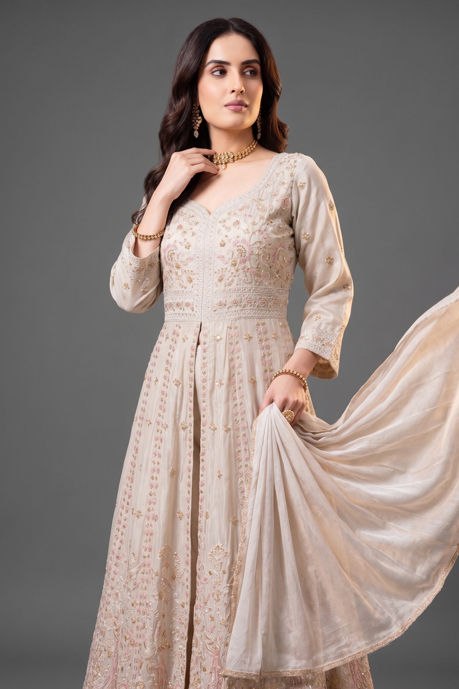 Cream Chinon Slit Cut Sequin Beaded Suit Secondary image