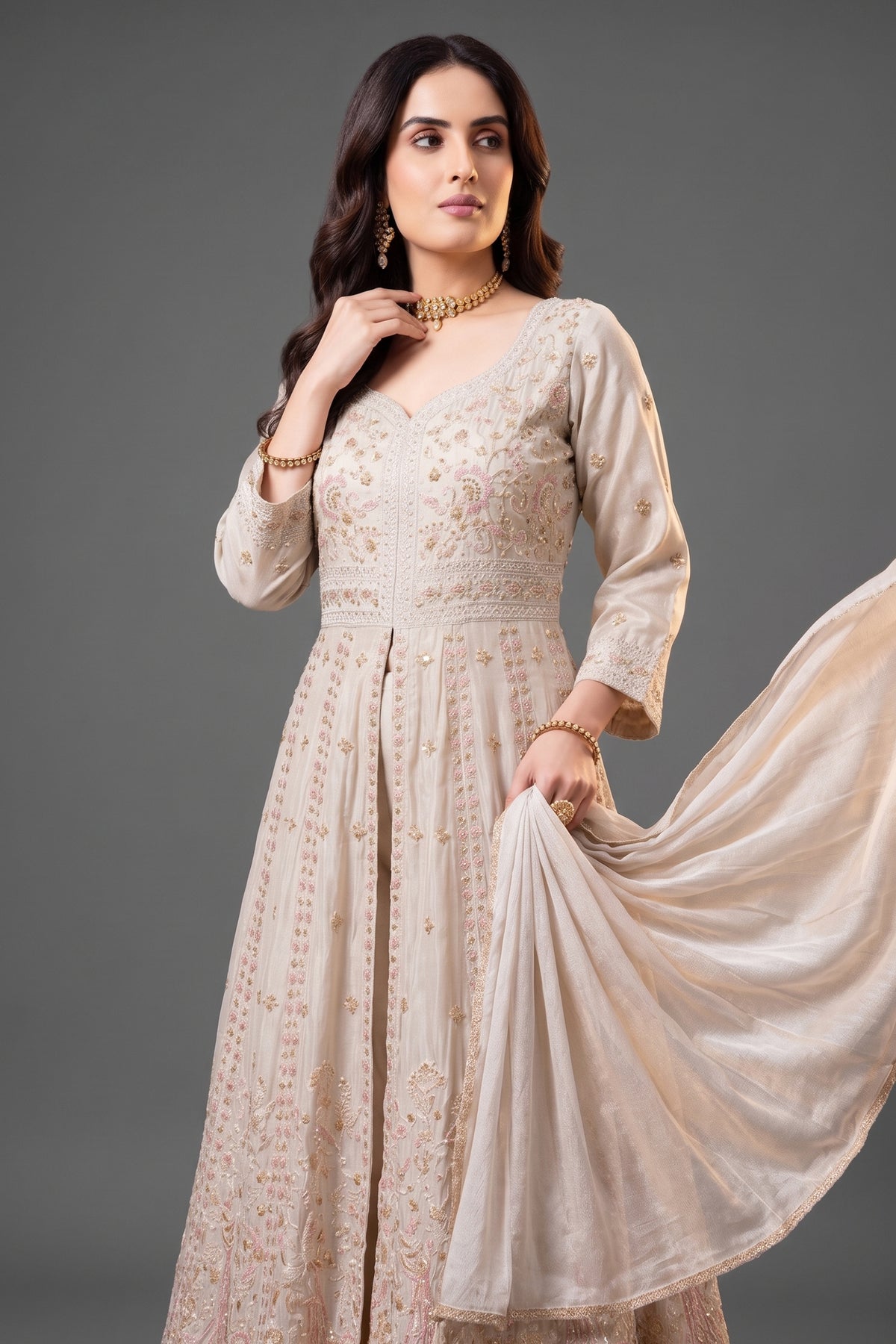 Cream Chinon Slit Cut Sequin Beaded Suit - cream saree