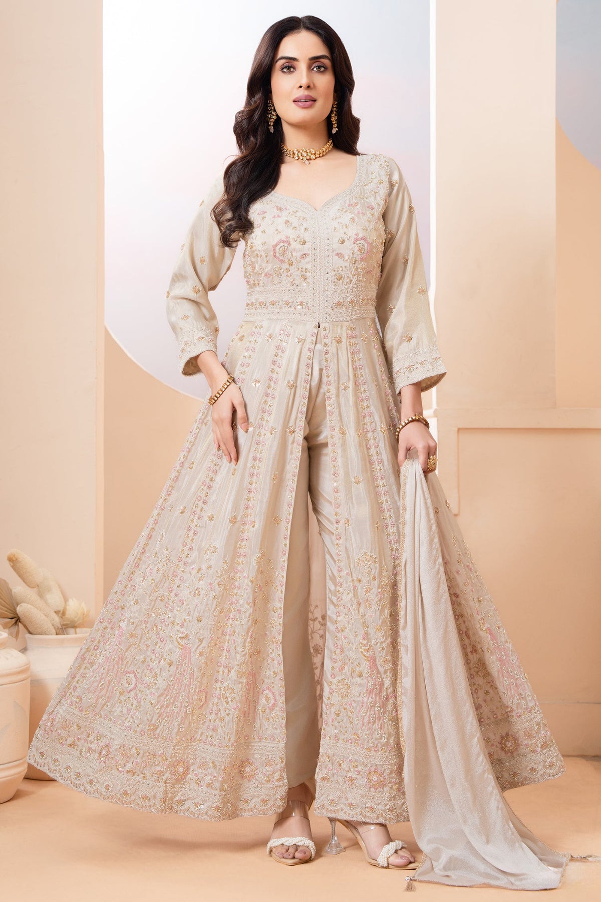 Cream Chinon Slit Cut Sequin Beaded Suit - cream saree