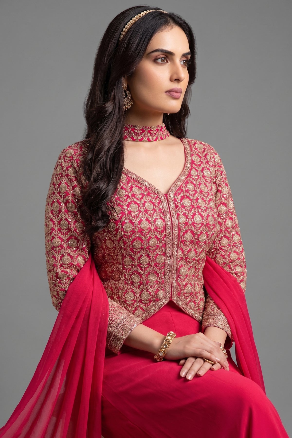 Pink Georgette Sequin Embroidered Palazzo Suit - red georgette saree embroidered