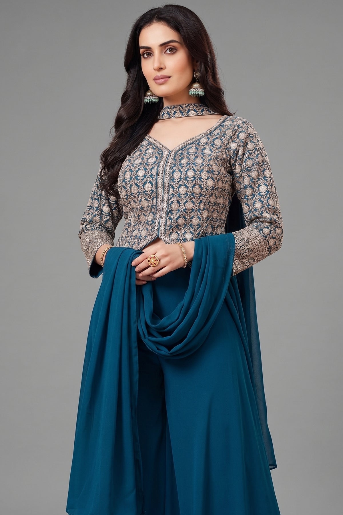 Rama Blue Georgette Sequin Embroidered Palazzo Suit - red georgette saree embroidered