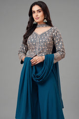 Rama Blue Georgette Sequin Embroidered Palazzo Suit - red georgette saree embroidered