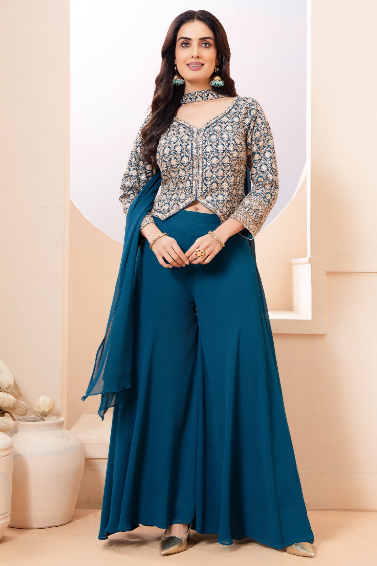 Rama Blue Georgette Sequin Embroidered Palazzo Suit - red georgette saree embroidered