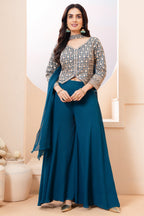 Rama Blue Georgette Sequin Embroidered Palazzo Suit - red georgette saree embroidered