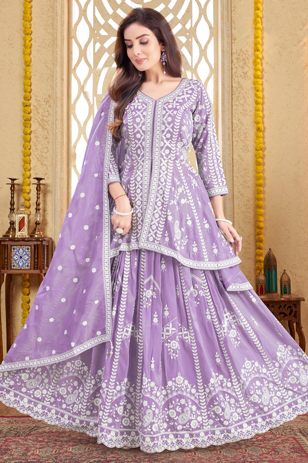 Lavender Purple Oraganza Tissue Embroidered Peplum Lehenga Suit - red saree embroidered