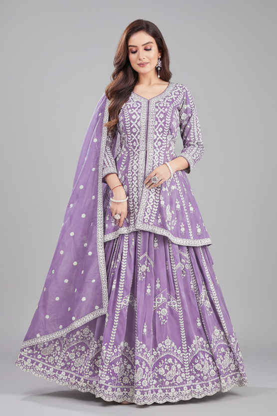 Lavender Purple Oraganza Tissue Embroidered Peplum Lehenga Suit - red saree embroidered Main image