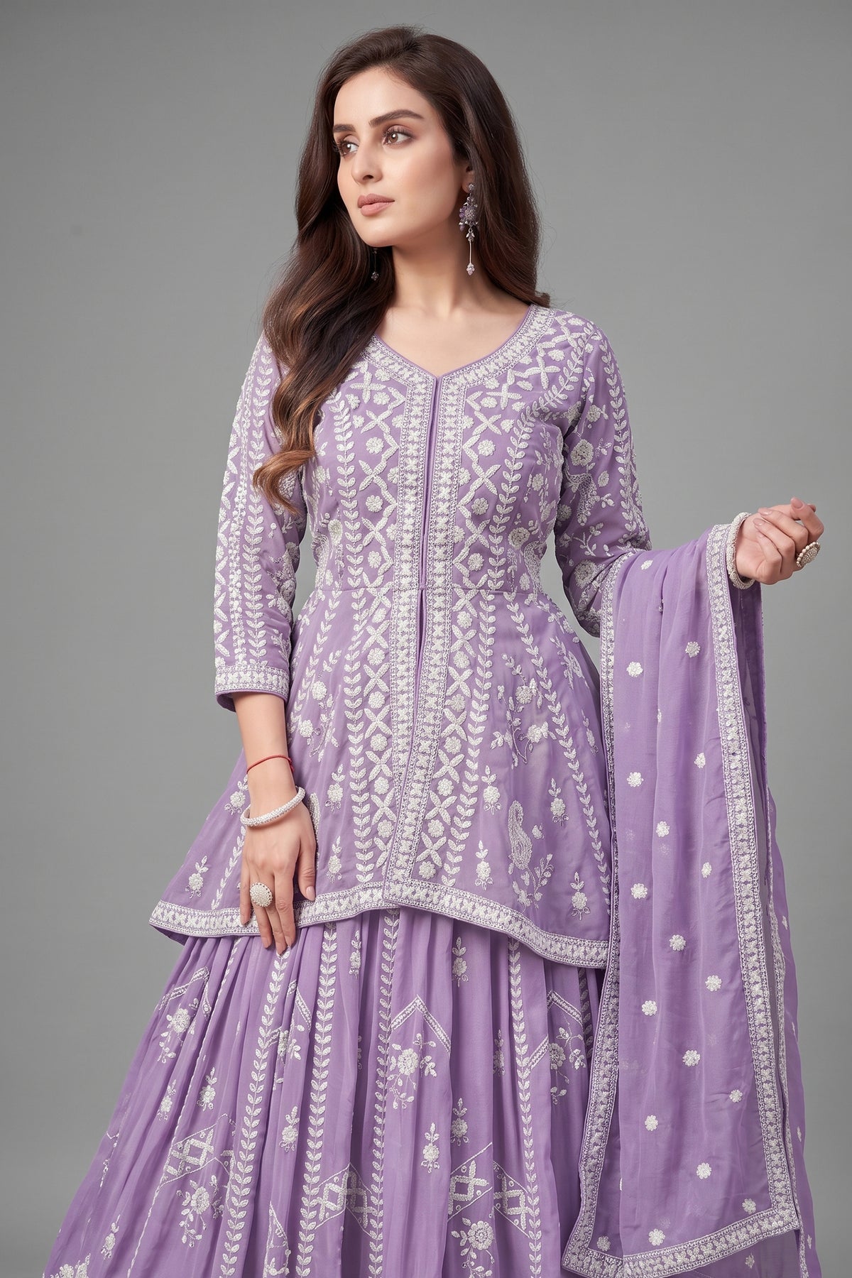 Lavender Purple Oraganza Tissue Embroidered Peplum Lehenga Suit - red saree embroidered