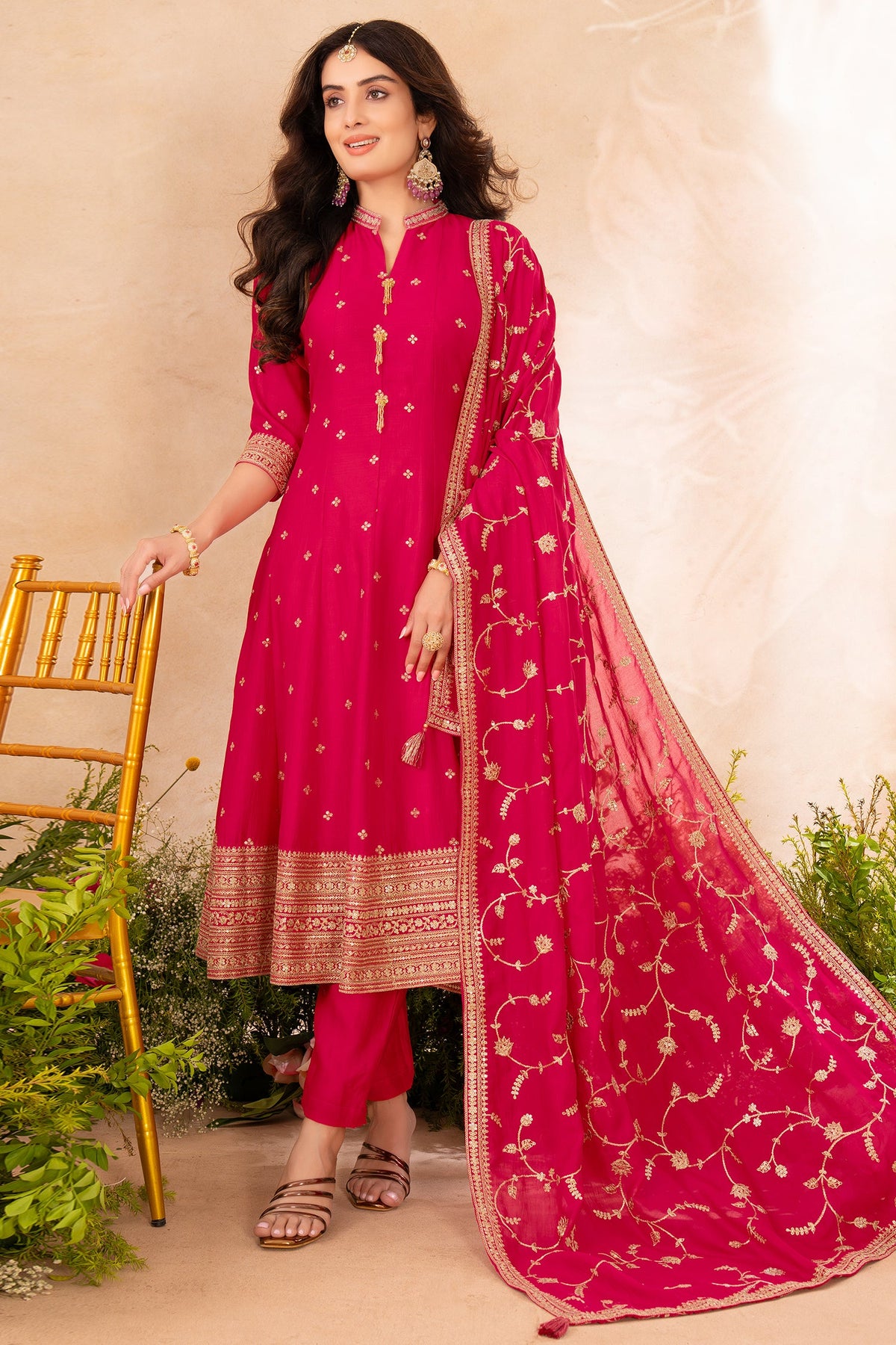 Pink Art Silk Sequins Embroidered Anarkali Suit - red silk saree embroidered