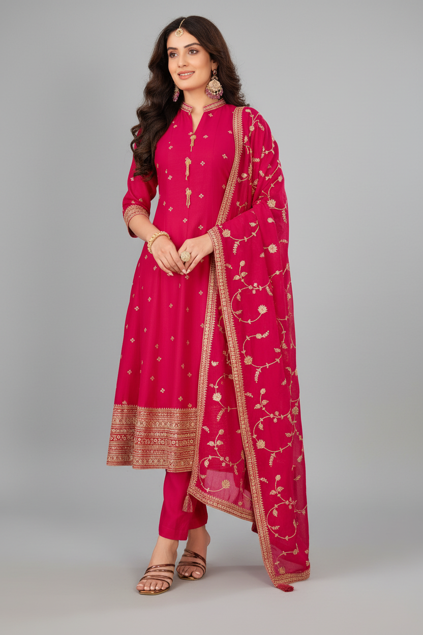 Pink Art Silk Sequins Embroidered Anarkali Suit - red silk saree embroidered