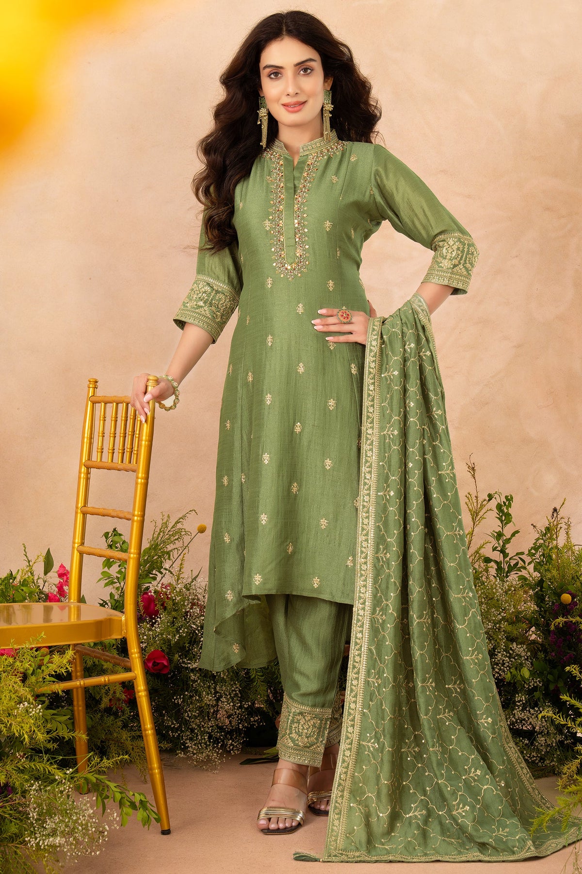 Green Art Silk Sequin and Mirror Worked Suit