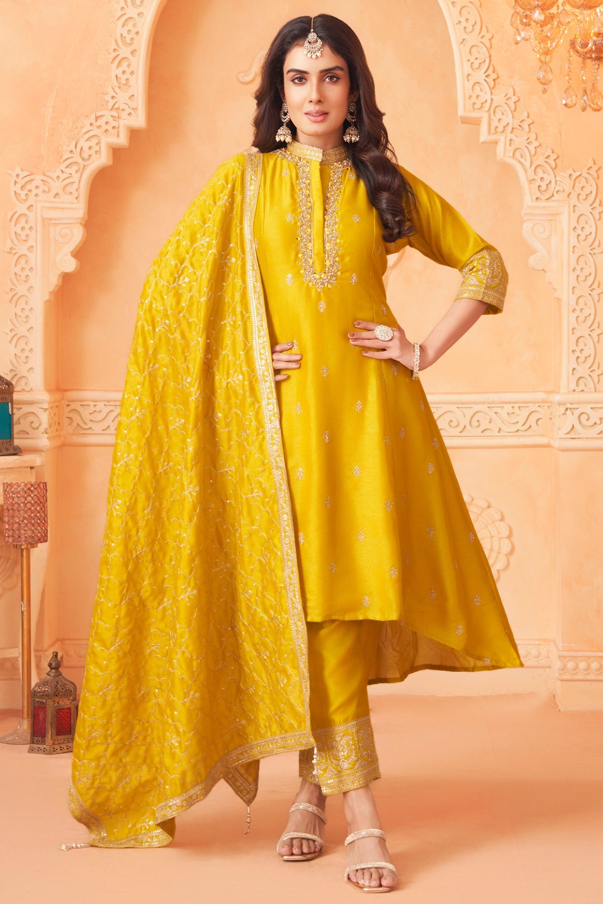 Yellow Art Silk High and Low Sequin Mirror Worked Suit - yellow silk saree