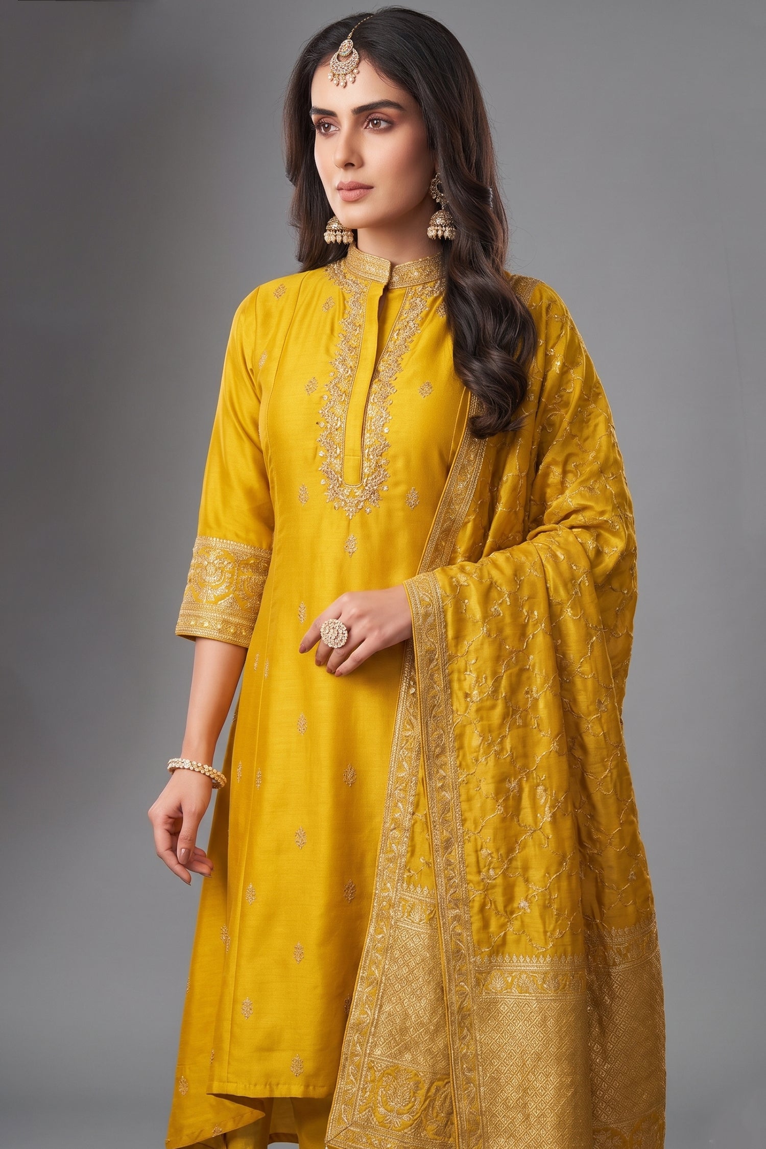 Yellow Art Silk High and Low Sequin Mirror Worked Suit Secondary image