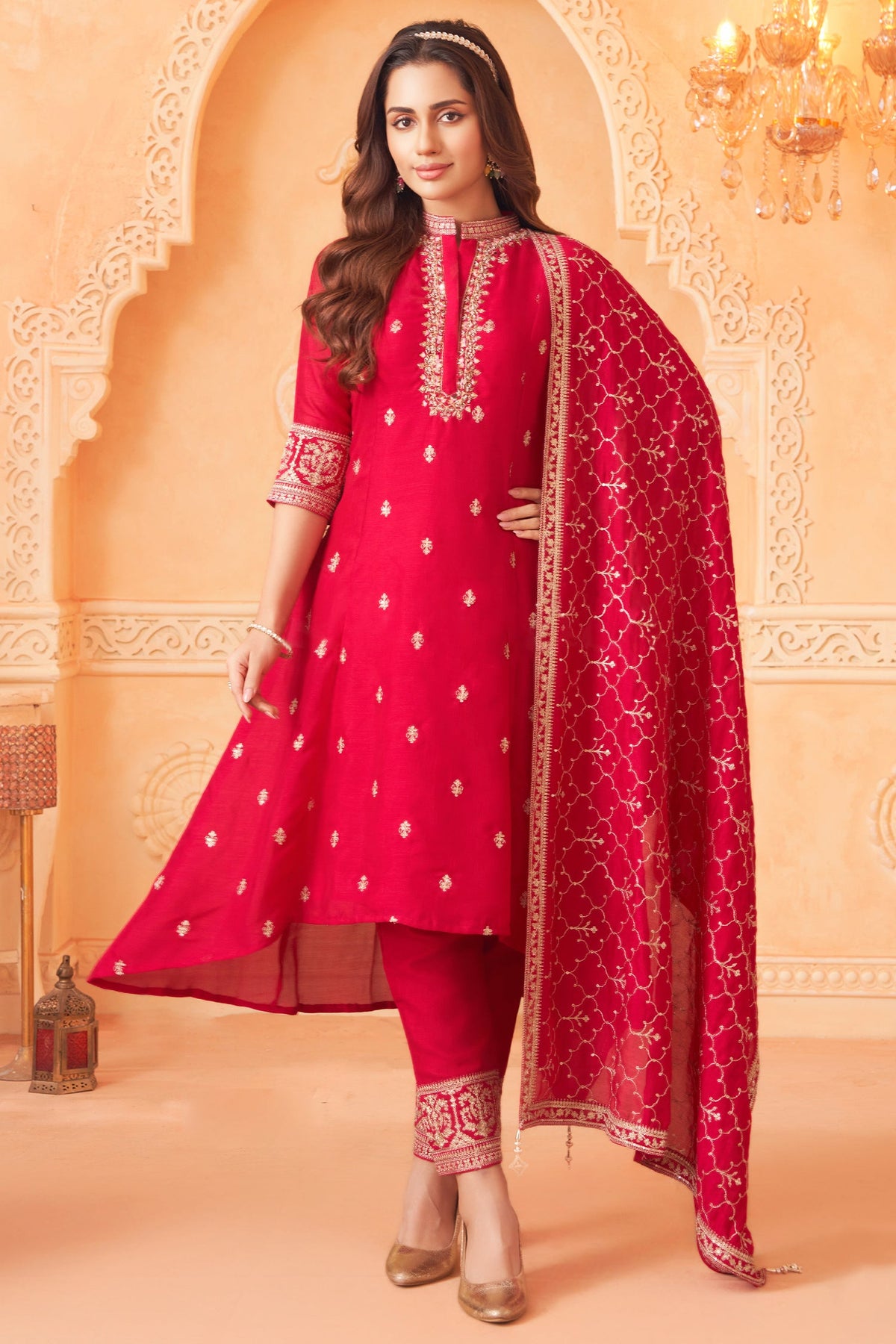 Pink Art Silk High and Low Sequin and Mirror Worked Suit - pink silk saree