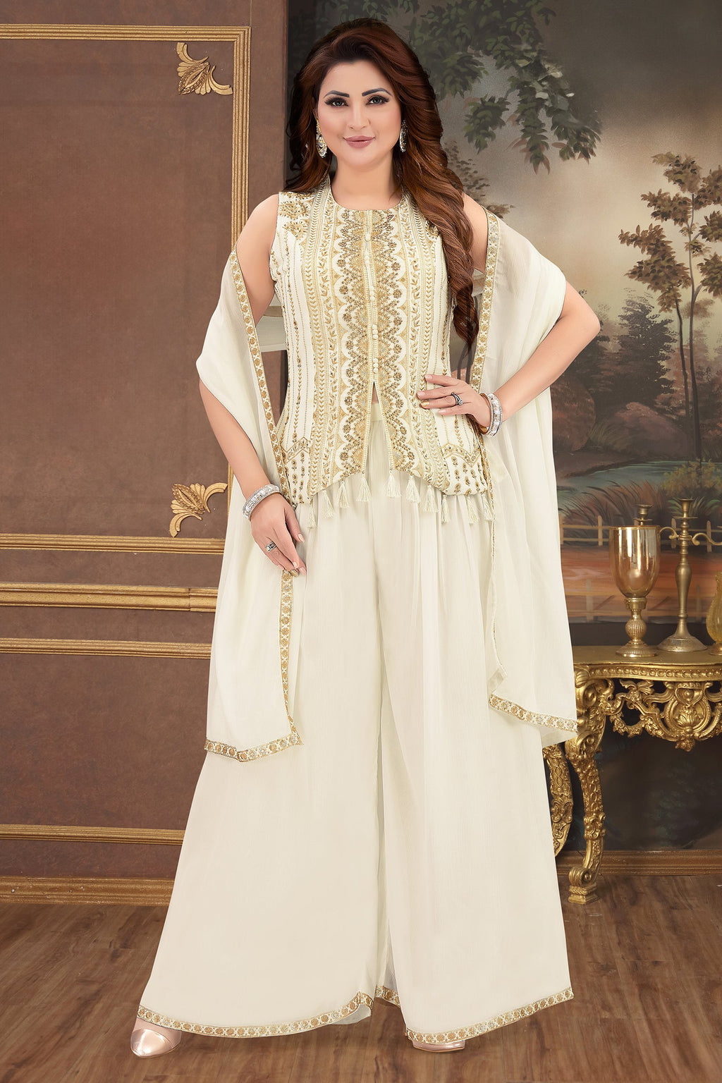 Off White Georgette Embroidered Palazzo Suit - red georgette saree embroidered