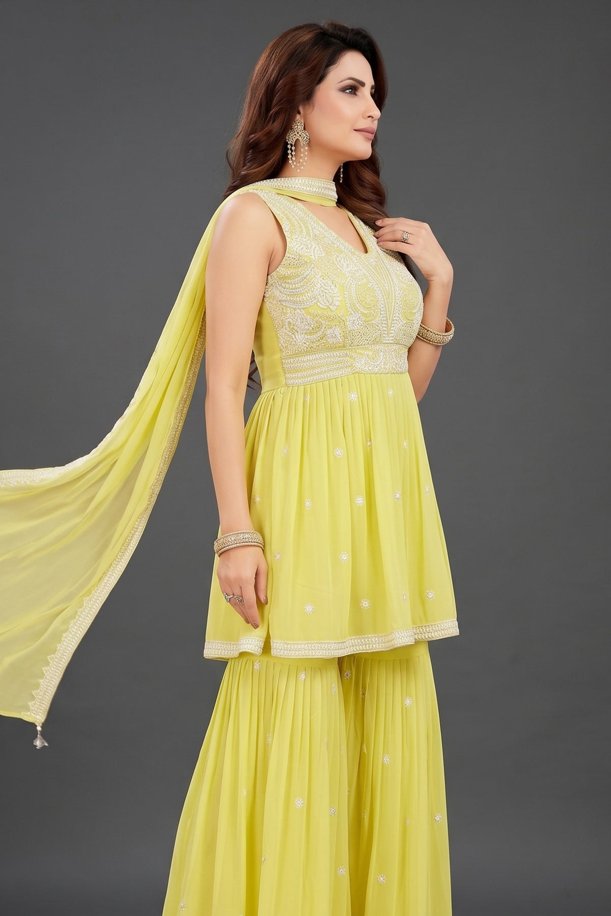 Light Yellow Georgette Embroidered Sharara Suit - red georgette saree embroidered