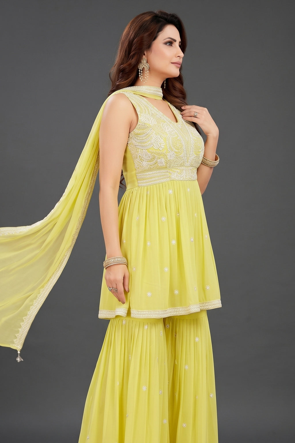 Light Yellow Georgette Embroidered Sharara Suit - red georgette saree embroidered