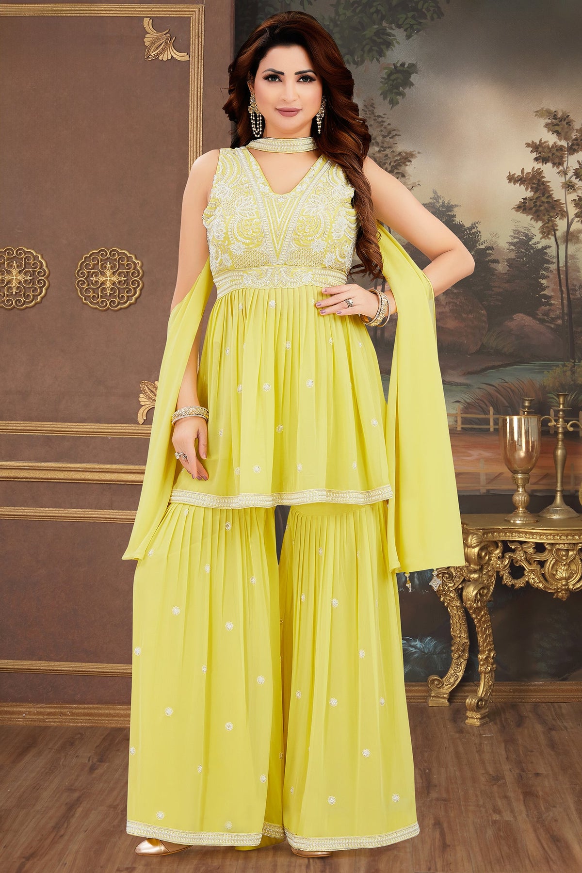 Light Yellow Georgette Embroidered Sharara Suit - red georgette saree embroidered