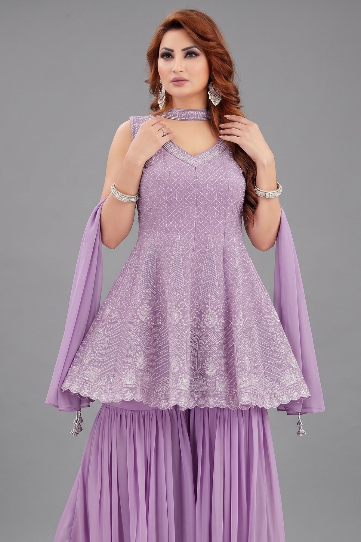 Lilac Purple Georgette Embroidered Peplum Sharara Suit - red georgette saree embroidered