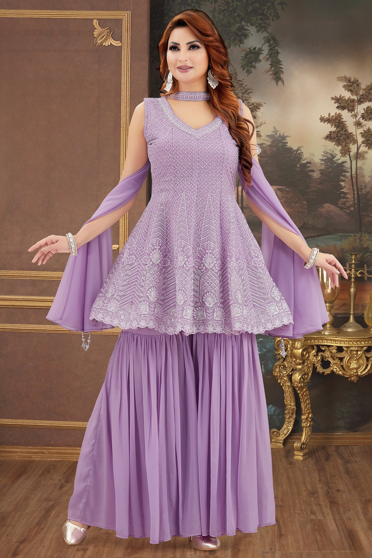 Lilac Purple Georgette Embroidered Peplum Sharara Suit - red georgette saree embroidered