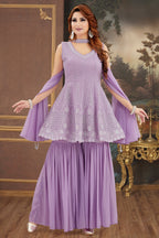 Lilac Purple Georgette Embroidered Peplum Sharara Suit - red georgette saree embroidered