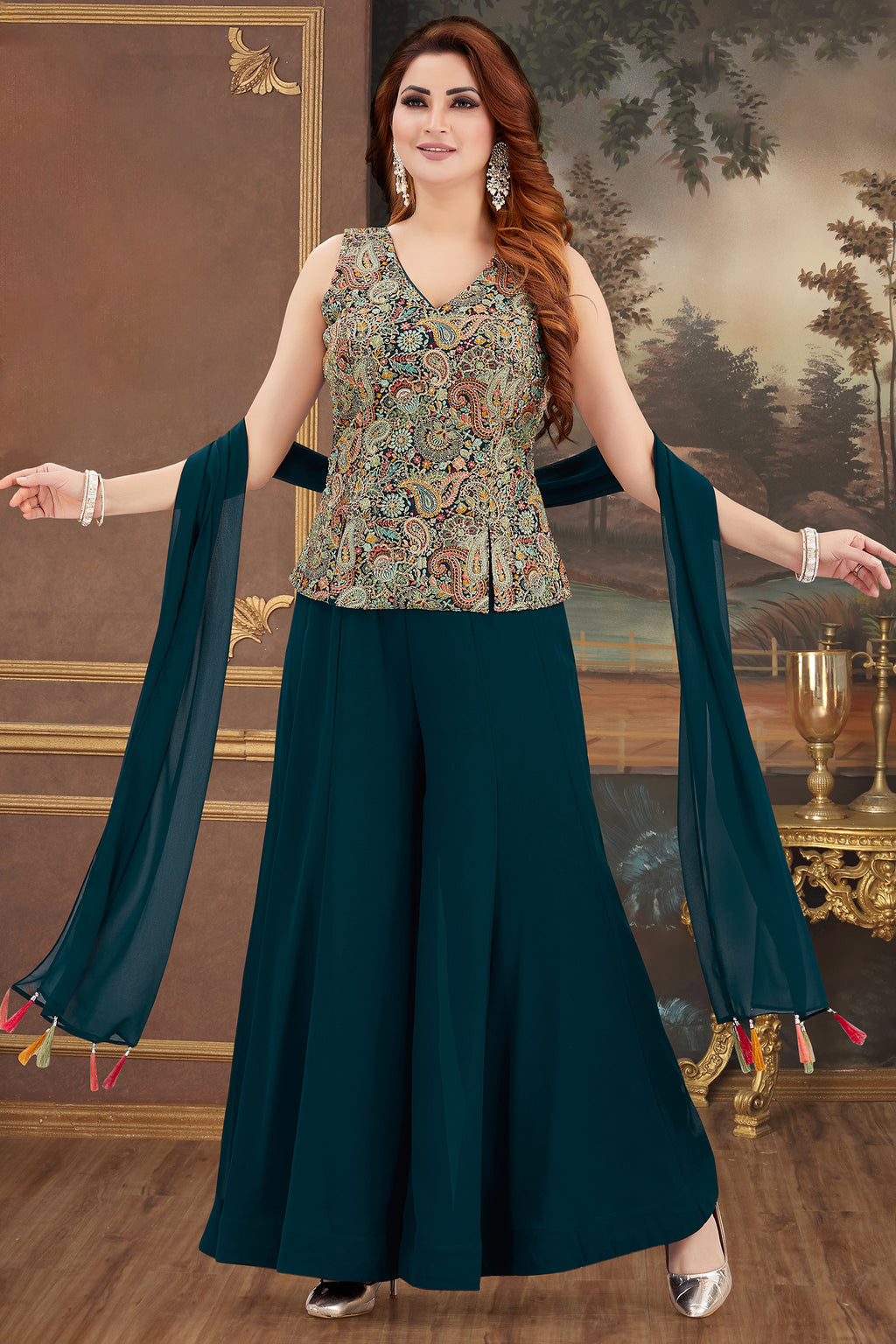 Green Georgette Embroidered Palazzo Suit - red georgette saree embroidered