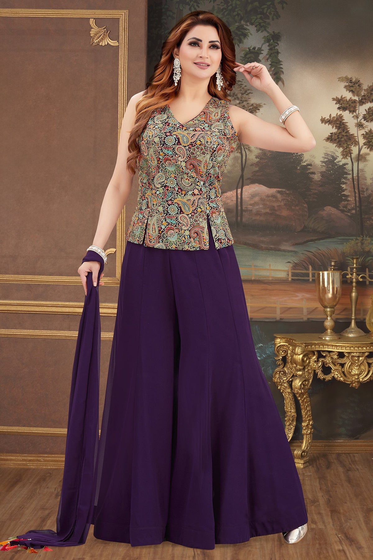 Indigo Purple Georgette Embroidered Palazzo Suit