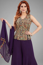 Indigo Purple Georgette Embroidered Palazzo Suit - red georgette saree embroidered