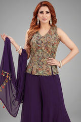 Indigo Purple Georgette Embroidered Palazzo Suit - red georgette saree embroidered