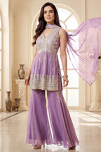 Lilac Orchid Purple Glass Tissue Organza Embroidered Palazzo Suit - red organza saree embroidered