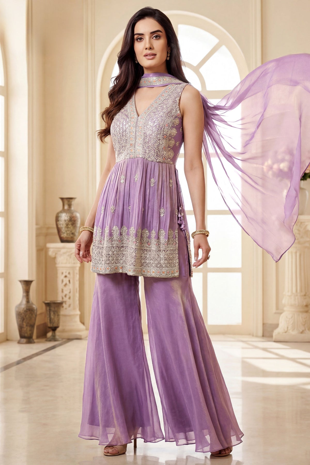 Lilac Orchid Purple Glass Tissue Organza Embroidered Palazzo Suit