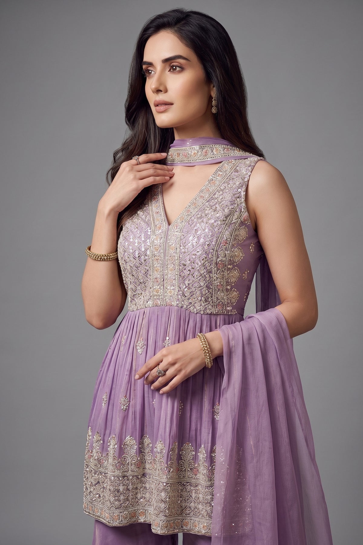 Lilac Orchid Purple Glass Tissue Organza Embroidered Palazzo Suit - red organza saree embroidered